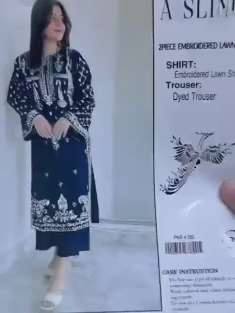 Women's Blue Embroidered Lawn Suit with White Details