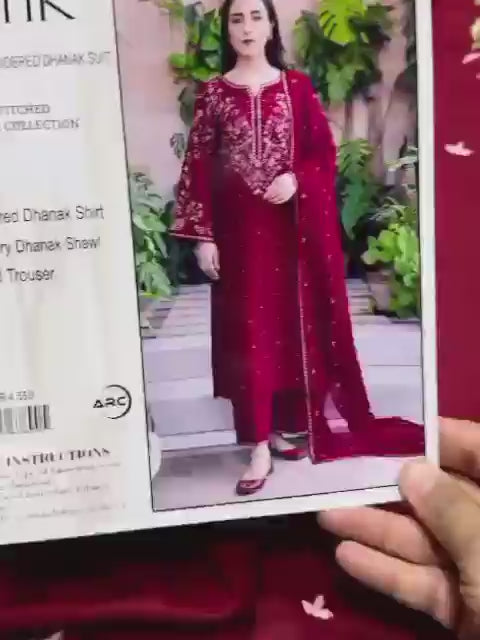 Stunning 3 Pcs Embroidered Suit in Dhanak Fabric -Maroon & Blue