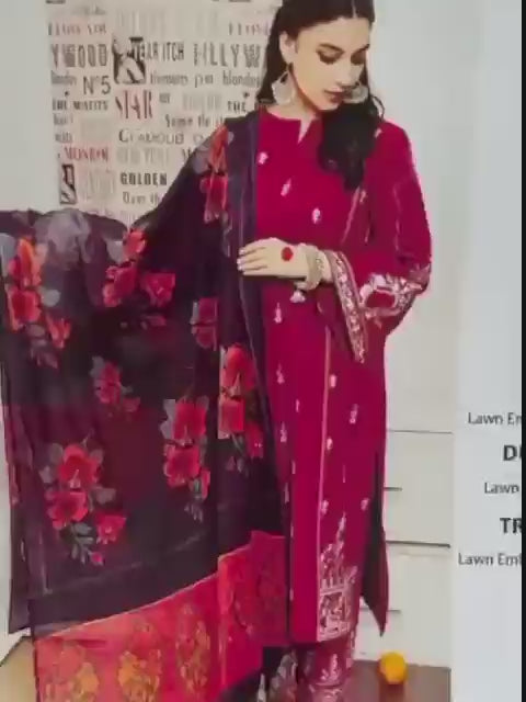 Maroon Lawn 3-Piece Embroidered Suit with Printed Dupatta