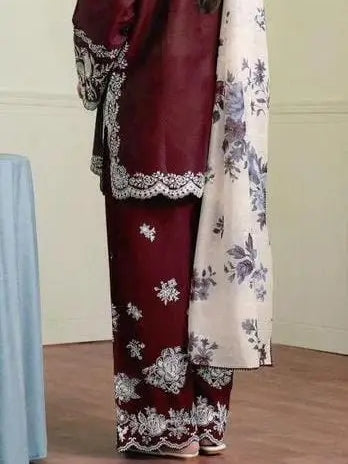 Stunning 3 Pcs Embroidered Suit in Dhanak Fabric -Maroon & Blue