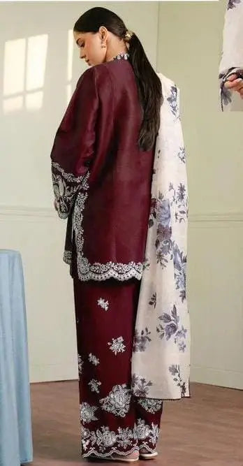 Stunning 3 Pcs Embroidered Suit in Dhanak Fabric -Maroon & Blue