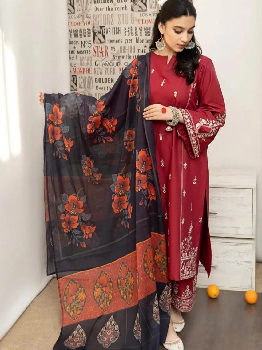 Maroon Lawn 3-Piece Embroidered Suit with Printed Dupatta