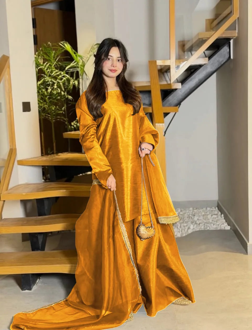 3 Pcs Women's Stitched Silk Lace Work Suit