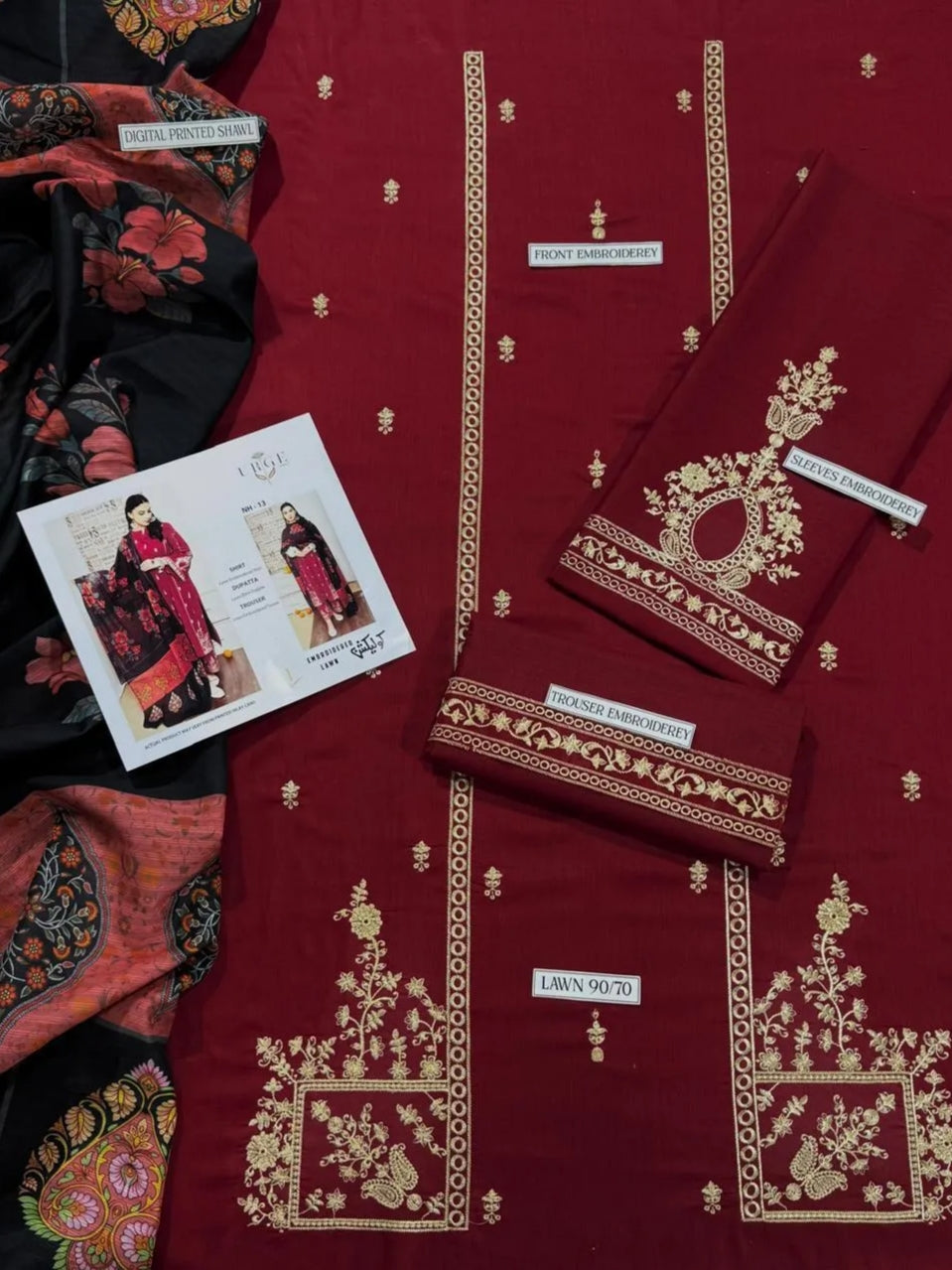 Maroon Lawn 3-Piece Embroidered Suit with Printed Dupatta