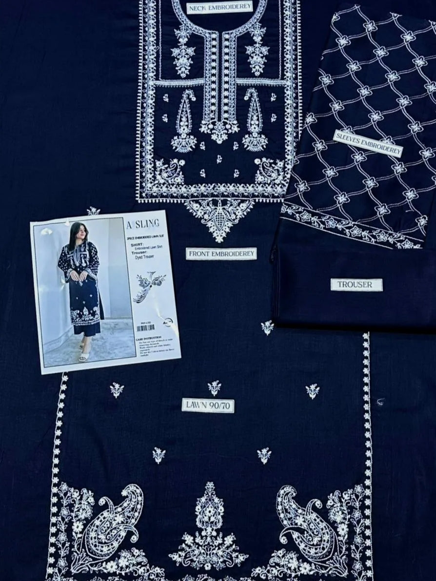 Women's Blue Embroidered Lawn Suit with White Details