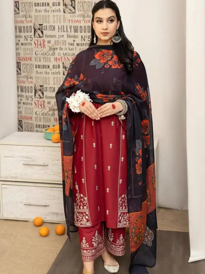 Maroon Lawn 3-Piece Embroidered Suit with Printed Dupatta