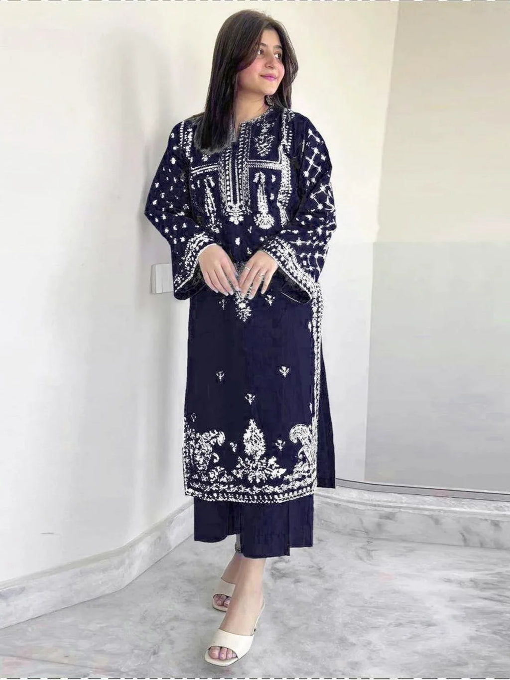 Women's Blue Embroidered Lawn Suit with White Details