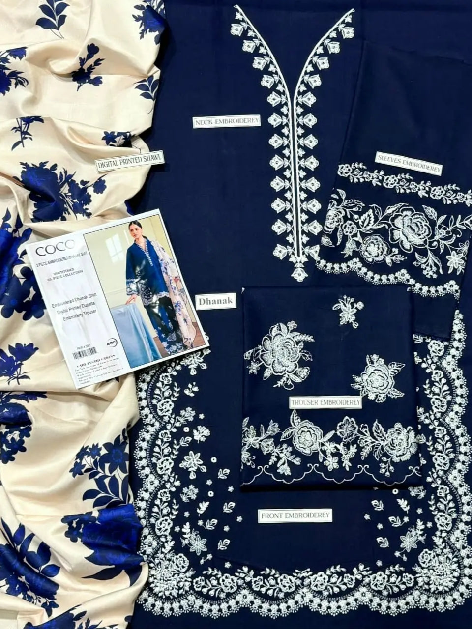Stunning 3 Pcs Embroidered Suit in Dhanak Fabric -Maroon & Blue